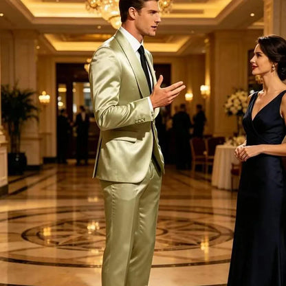 Men's Satin Suit 2-Piece Slim Fit Shawl Lapel Tuxedo for Wedding & Formal Events
