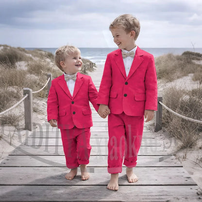 Beige Linen 2 Pieces Boys Suit Jacket Pants Kids Ring Bearer Outfit Breathable Summer Beach Wedding Birthday Party Costume