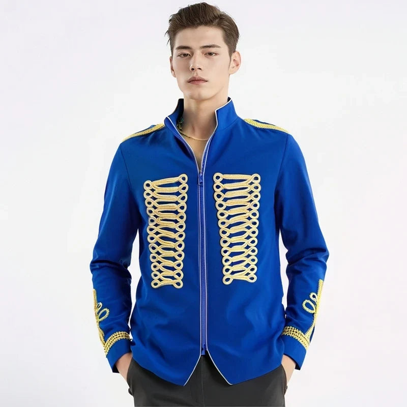 Men's European Style Stand Collar Zipper Blazer Golden Rope Detail Cosplay Middle Ages Tuxedo for Stage Performances And Parties