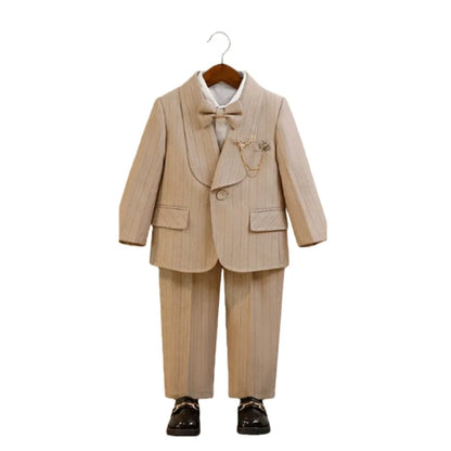 Kids Striped Suit Set Flower Boys Wedding Outfit Children's Jacket Vest Pants Bowtie Brooch 5Pieces Spring Autumn Clothes Set
