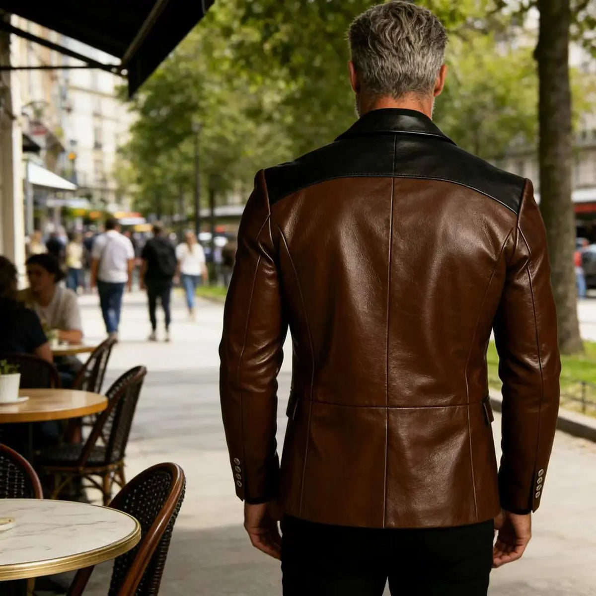 Men's PU Leather Blazer Patchwork Double Breasted Flap Pockets Notched Lapel Slim Fit Business Casual Suit Jacket Male Outerwear
