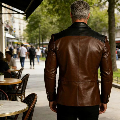 Men's PU Leather Blazer Patchwork Double Breasted Flap Pockets Notched Lapel Slim Fit Business Casual Suit Jacket Male Outerwear