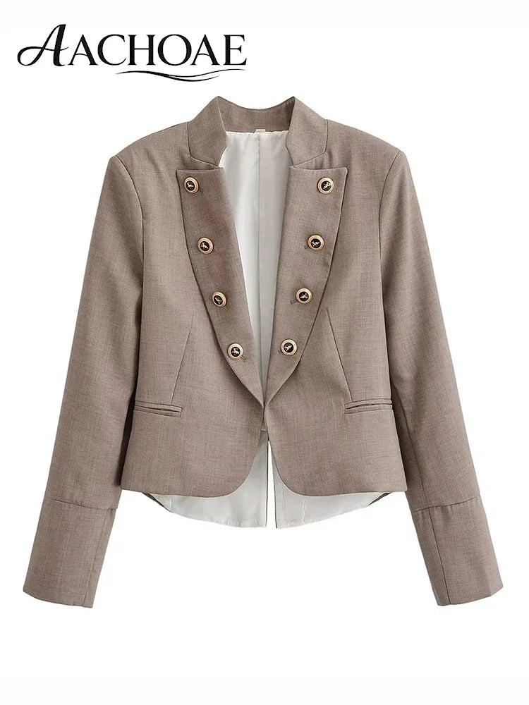 Elegant Women Cropped Blazer Jacket Double Breasted Button Slim Fit Short Suit Coat Office Lady Chic Tailored Blazer Top