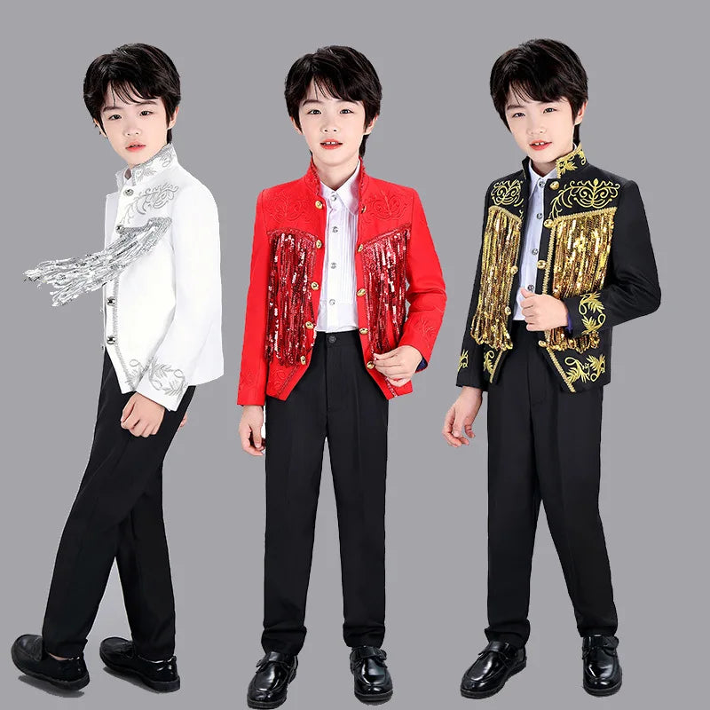 Boys Sequenant 2 Pieces/Set Jacket Pants Embroidery Paino Host Performance Dress Kids Stage Show Photography Suit Children's Set