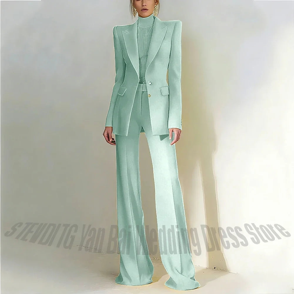 Women Pant Suit 2 Piece Set Office Female Business Work Formal Jacket Trouser One Button Chic Yellow Peaked Lapel Elegant Suit