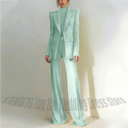 Women Pant Suit 2 Piece Set Office Female Business Work Formal Jacket Trouser One Button Chic Yellow Peaked Lapel Elegant Suit