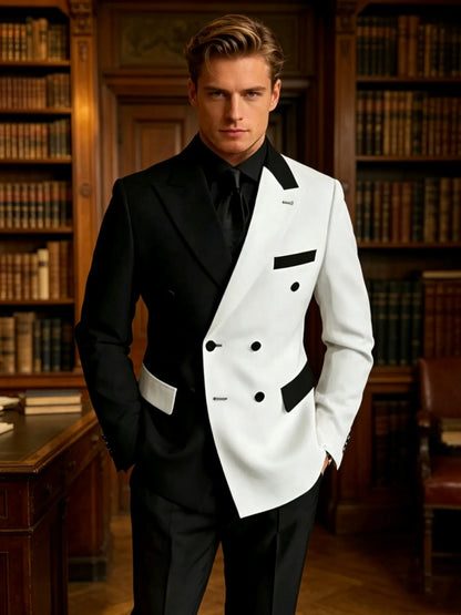2Pieces Peaked Lapel Double Breasted Suits for Men Wedding Slim Fit Formal Groom Tuxedo Black White Suit Jacket with Pants