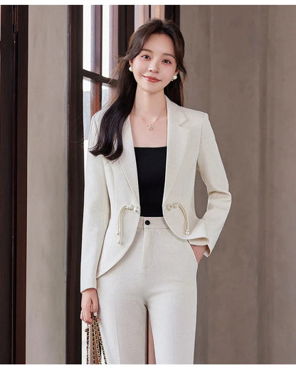 Elegant National Style Buckle Pants Suit  2024 Autumn New Professional Temperament Slim Blazer And Pants Office Ladies Work Wear