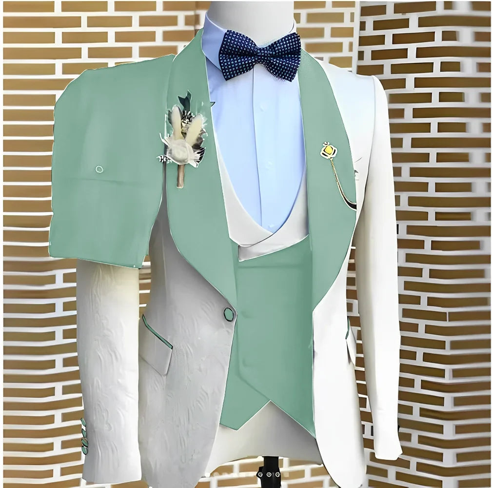 White Jacquard Elegant suits Men For Wedding Formal Jacket Vest Pants 3 Pieces Groomsman Tuxedos Tailored Male Fashion Clothing