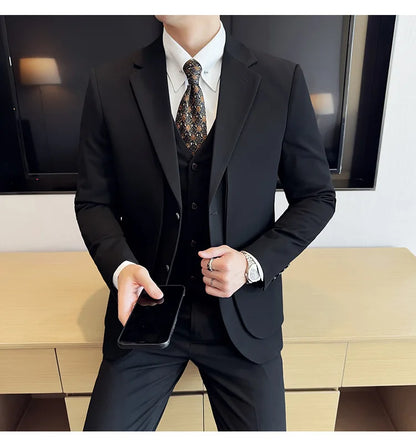 British Style Fake Two-piece Suit Set Men's Wedding Groom Dress 3 Piece Set Suit Vest Trousers Slim Office Business Casual Suits