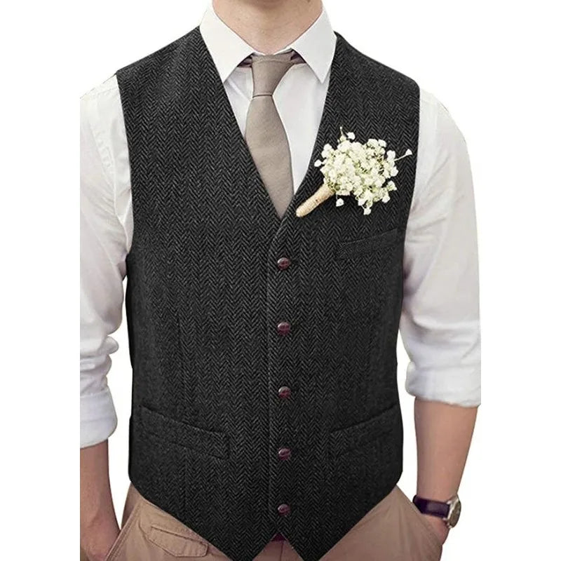Men's Vest Herringbone V-Neck Single Button Waistcoat for Wedding, Business & Casual Wear