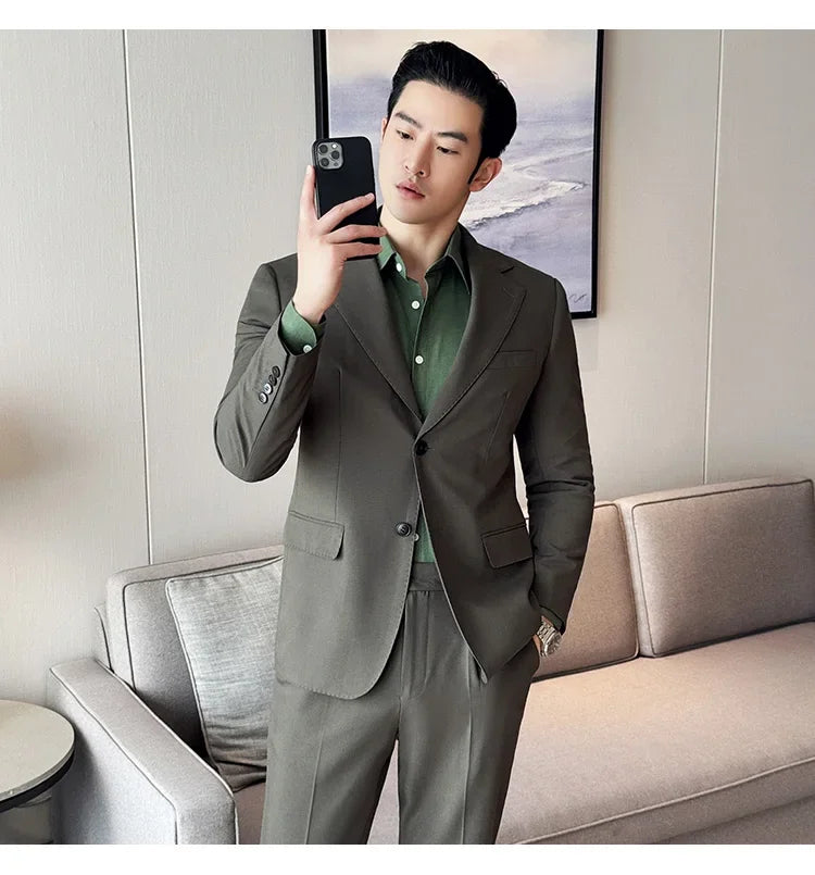 Tencel High Tech Fabric Men Spring Summer Thin Suits 2 Pieces (jacket+pants) Business Casual Office Wedding Groom Dress Suit