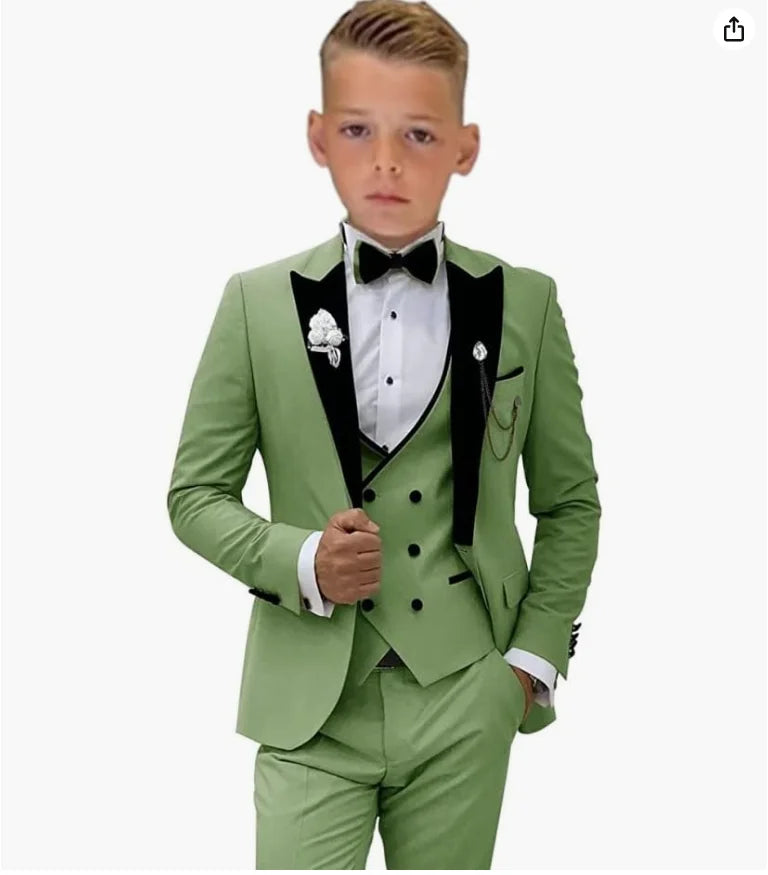 Beige Boys Suit Jacket Vest Pants Set Peaked Lapel Blazer Wedding Tuxedos for Kids Party Stage Dress Child Formal Suit