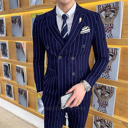 Men's 2-Piece Double Breasted Striped Slim Fit Suit – Business Blazer & Trousers in Black, Gray & Navy Blue