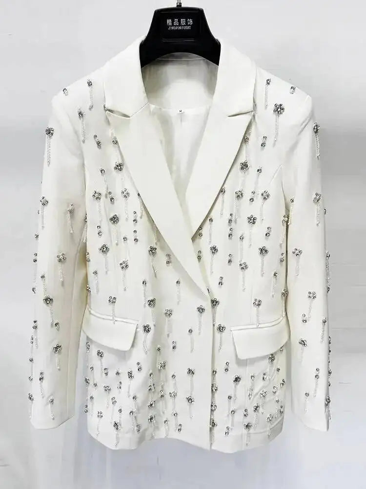 Solid Blazer Women Beaded Rhinestone Embellished Lapel Long Sleeve Dangling Charms Formal Evening Party Suit Jacket 2026