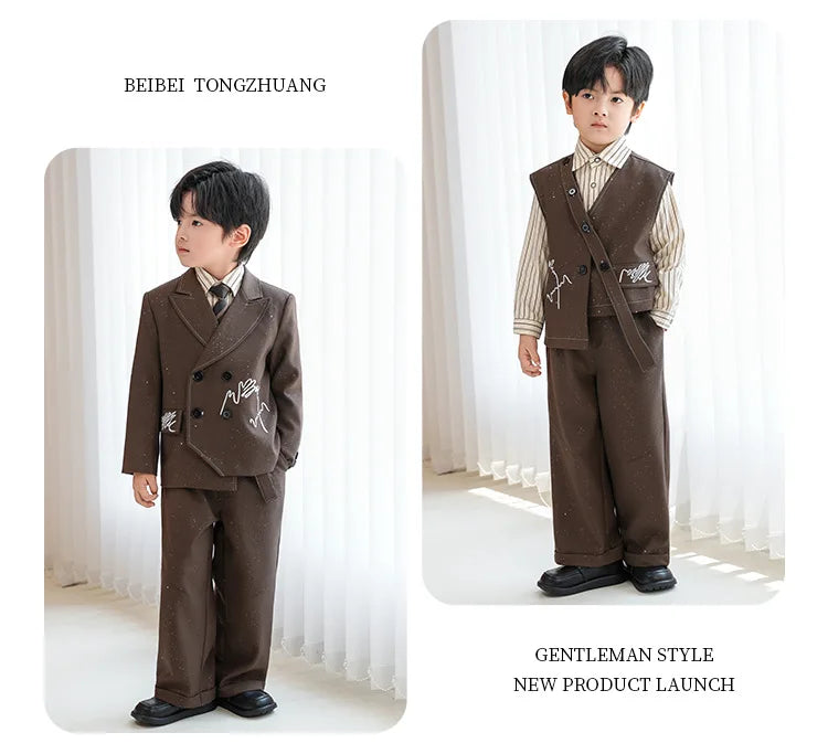 Boys Solid Double Breasted Blazer Jack Vest Pants Children Suit Waistcoat Wedding Clothes Sets Toddler Formal Dress Kids Tuxedos