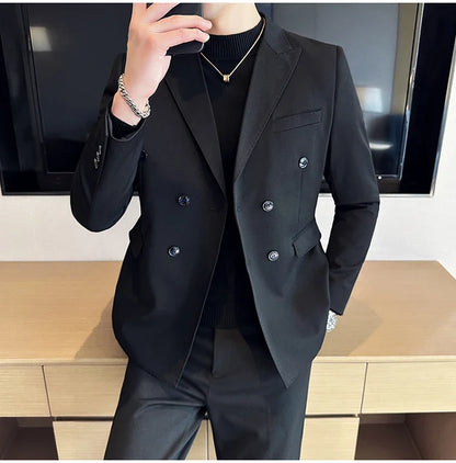 Autumn High-quality Double Breasted Slim Fit Suit Jacket Men Versatile Casual Business Blazer Wedding Social Banquet Formal Coat