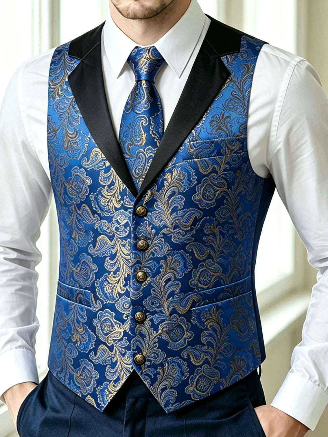 Men's Jacquard Floral Vest & Bowtie Set for Wedding & Formal Events – Yellow