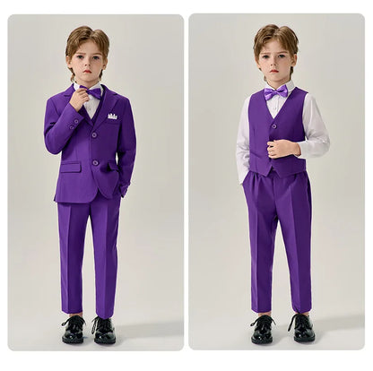 Boys Dark Green Jakcet Vest Pants Bowtie Evening Party Dress Children Wedding Photograph Suit Kids Ceremony Performance Costume