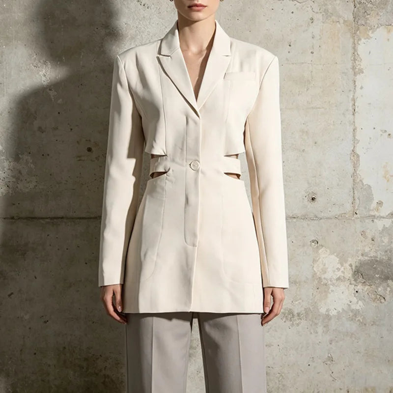 Women's Blazer Elegant Stylish Hollow Out Expose Waist Design Solid Color Patchwork Long-sleeved Slim Fit Suit-Coat HK28002