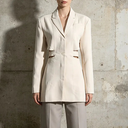 Women's Blazer Elegant Stylish Hollow Out Expose Waist Design Solid Color Patchwork Long-sleeved Slim Fit Suit-Coat HK28002