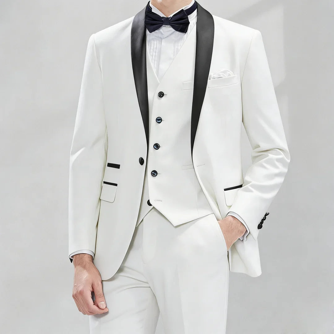 Men Suit 3 Piece Gray With Black Lapel Single Button For Wedding Groom Business Party Prom Banquet Work Office Jacket Vest Pants