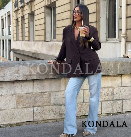 Elegant Commute Double-breasted Blazer Women Vintage Brown Buttons Blazer 2026 Spring Summer Trendy Office Lady Blazer