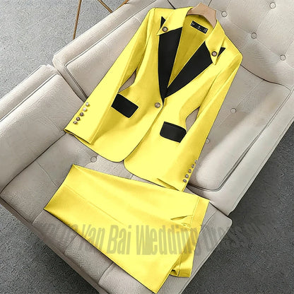 New Unique Women Pant Suit Contrast Color Modern Outfit One-Button Peaked Lapel Casual Fashion Daily Female Clothes Set 2 Piece