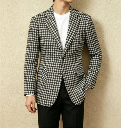 Vintage Black White Checkered Tweed Fabric Men Suit Jacket Luxury Slim Fit Business Men‘s Wedding Formal Tuxedos Suit Blazer
