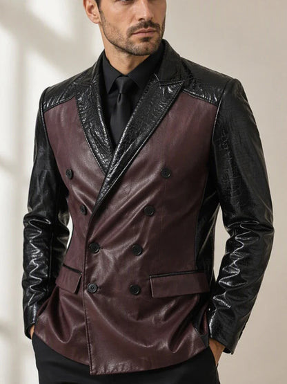 Men Faux Leather Blazer Double Breasted Croc Embossed Patchwork Lapel Collar Slim Fit Jacket Spliced Business Party Outerwear