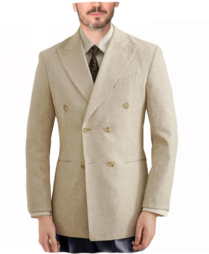 Burgundy Linen Blend Double Breasted Men's Blazer Peak Lapel Slim Fit Tailored Formal Men Suit Jacket For Wedding Groom Business