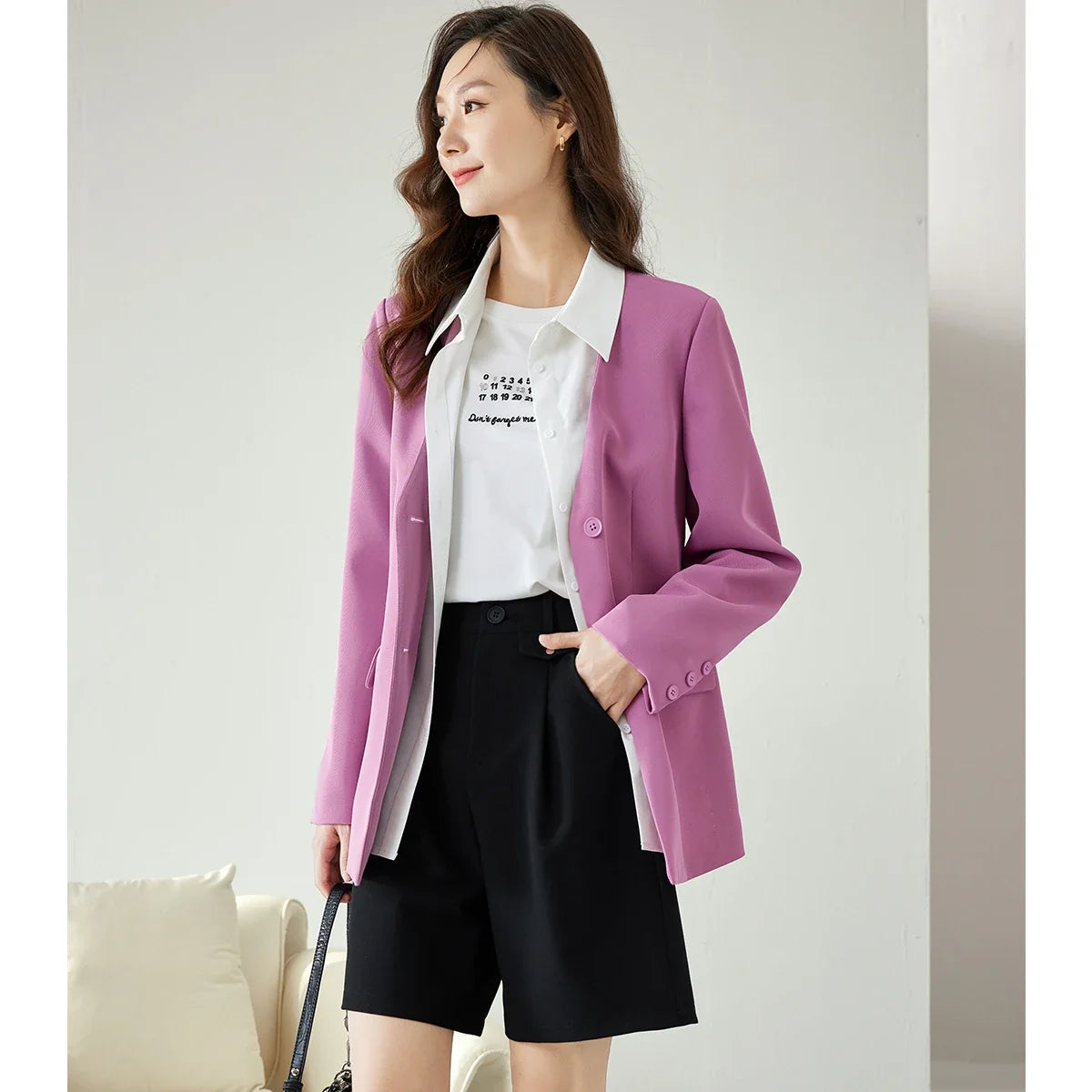 Women's Magenta Blazer Coat 2026 Fall Polo Collar Long Sleeves Outwear Fashion Office Lady Casual Elegant Jacket M2815