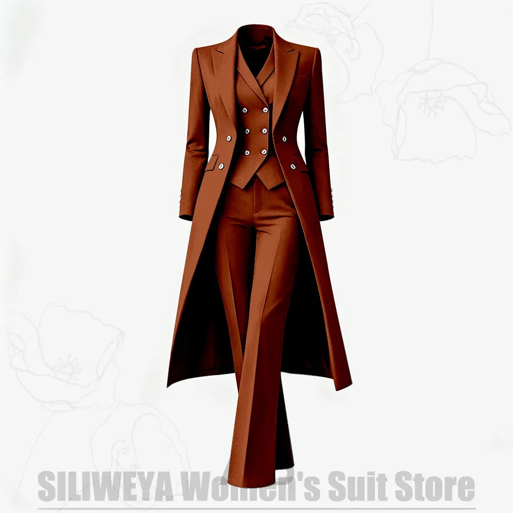 Women's Suit 3 Piece Double Breasted Long Coat Vest Pants Elegant Formal Business Wear Luxury Wedding Party Prom Outfit 2026