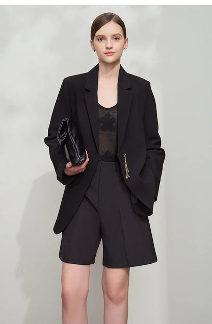 Minimalist Blazer Women 2025 Autumn New Office Lady Turn Down Collar Chain Charm Shoulder Padded Jacket Black Top 12521063