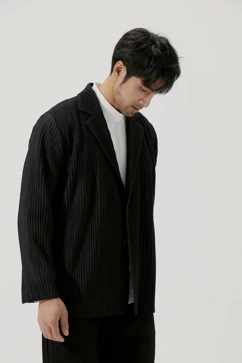 Men's Miyake Pleated Style Blazer Jacket Japanese Casual Stretch Slim Fit Business Office Fashion Luxury Wrinkle Resistant Coat