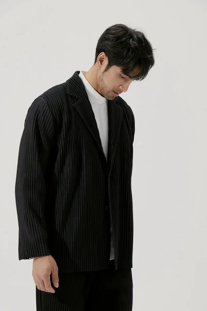 Men's Miyake Pleated Style Blazer Jacket Japanese Casual Stretch Slim Fit Business Office Fashion Luxury Wrinkle Resistant Coat