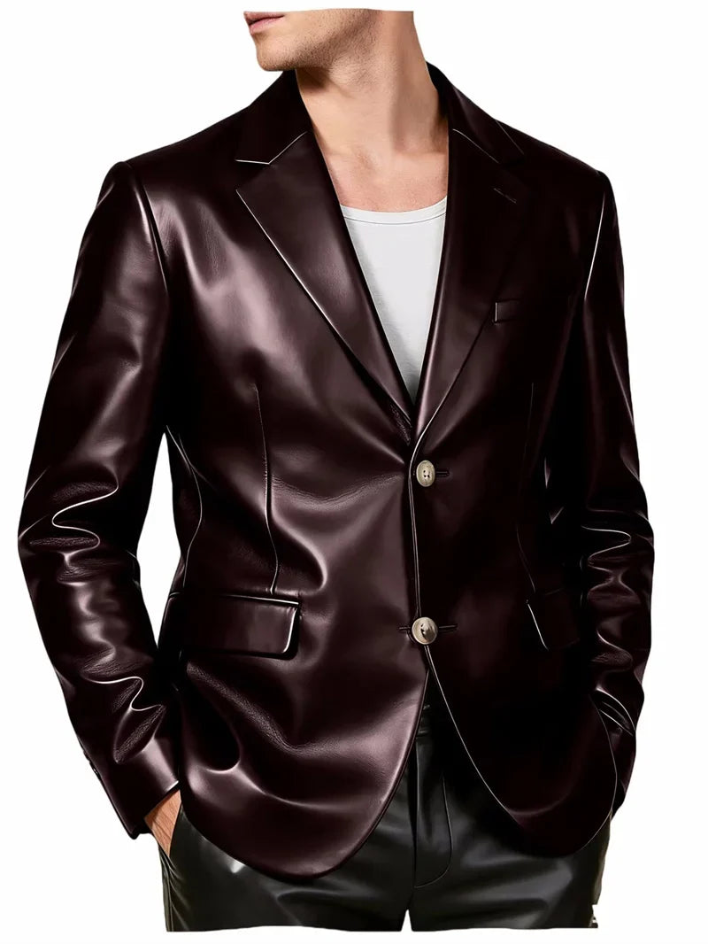 Men's Faux Leather Blazer Single Breasted Slim Jacket Fit Formal Outer Jacket for Business Wedding Party Business Daily Wear