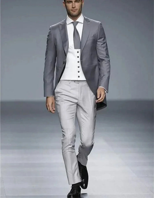 Men's Suits Classic Smolking Terno Slim Fit Easculino Evening For Men Gray Tailcoat Groom Blazer Wedding Prom 3PCS