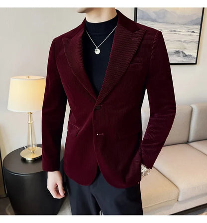 Corduroy Stripe Suit Jacket For Men Autumn Winter Business Slim Fit Tailcoat Formal Wedding Party Fashion Casual Suit Coat 4XL-M
