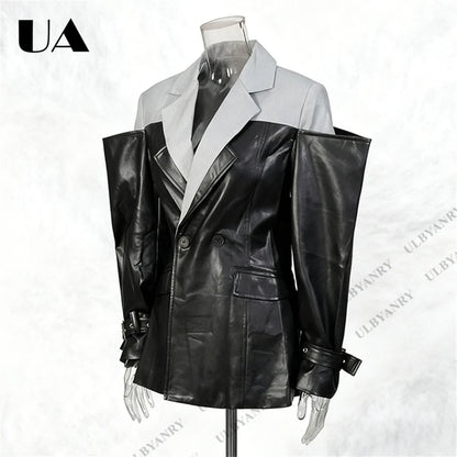 Colorblock Faux Leather Blazer with Notch Lapel Cuff Straps for Street Style Fashion Week Suit Jacket Club Night Blazer