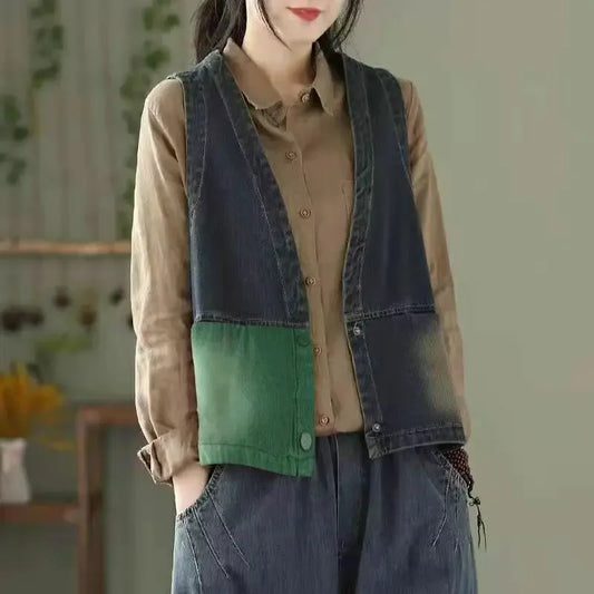 Vintage Style Women Denim Vest 2025 Spring New Summer Plus Size Sleeveless Outerwear Color Blocked Female Jean Waistcoat