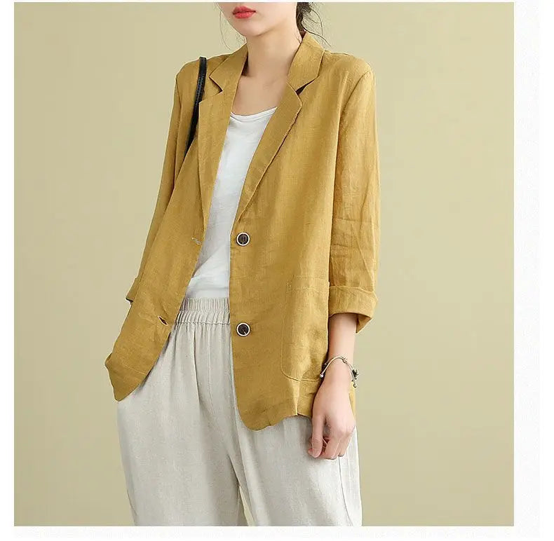 Casual Cotton and Linen Suit Jacket Women 2025 Spring and Summer New Loose solid Long-sleeved Blazer Woman Sunscreen Clothing