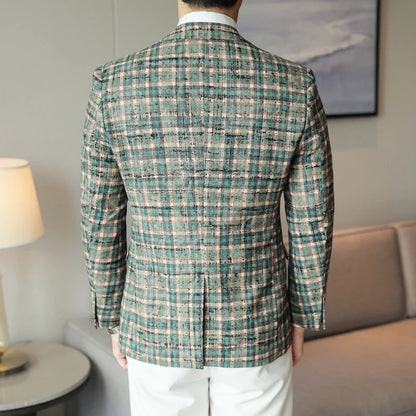 British Style Plaid Woven Casual Suit Jacket for Men Slim Fit Business Social Dress Coats Wedding Party Banquet Office Blazers