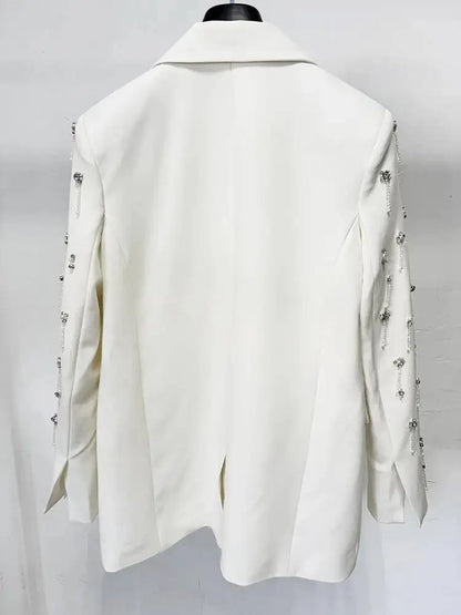 Solid Blazer Women Beaded Rhinestone Embellished Lapel Long Sleeve Dangling Charms Formal Evening Party Suit Jacket 2026