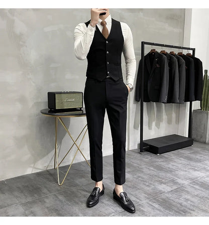 (Jacket +Vest+Pants) Plus Size 7XL-S Men Korean Slim Fit Groom Wedding Business Casual Tuxedo Mens Work Social Suit 3 Pieces