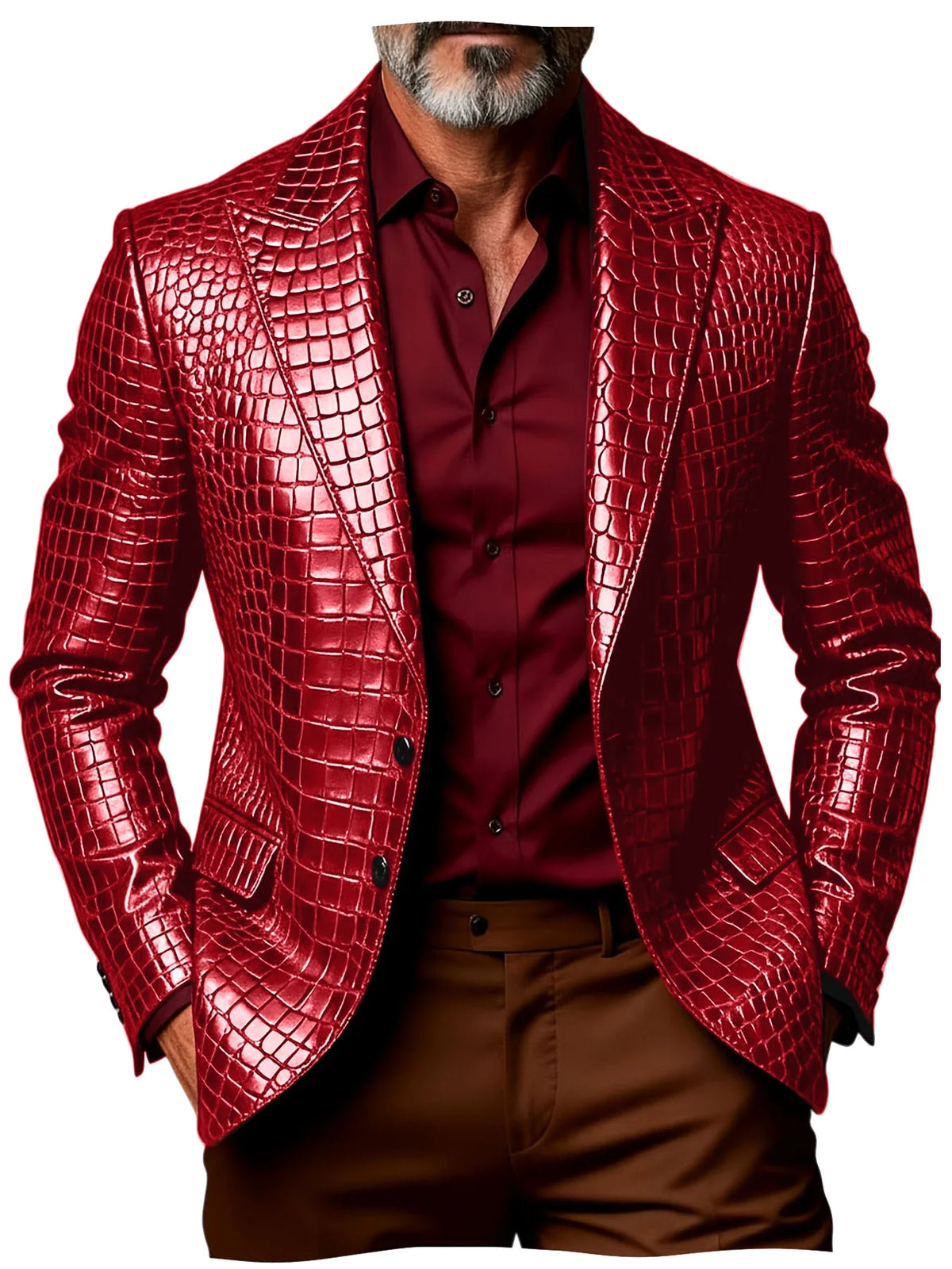 Luxury Men's Crocodile Pattern PU Leather Blazer Notch Lapel Single-Breasted 2 Button Slim Fit Jacket Business Casual for Man