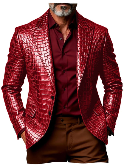 Luxury Men's Crocodile Pattern PU Leather Blazer Notch Lapel Single-Breasted 2 Button Slim Fit Jacket Business Casual for Man