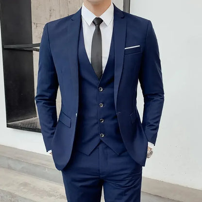 Men's Solid Color 3-Piece Suit – Slim Fit Blazer, Waistcoat & Trousers for Business, Dinner & Formal Occasions