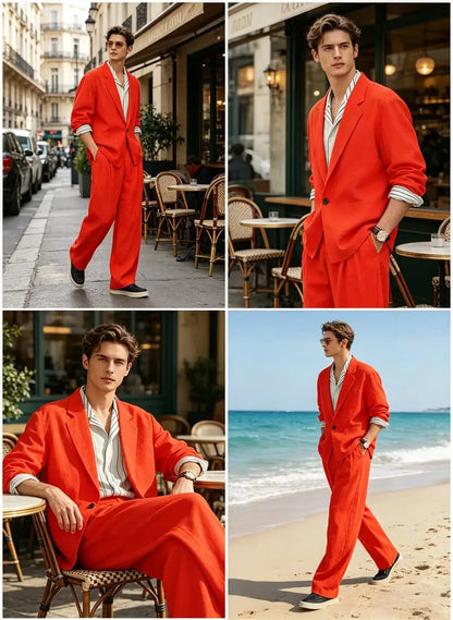 Men's Linen Blazer Suit Set Lightweight Breathable Casual Jacket Business Vacation Party Wedding Spring Summer Autumn Daily Wear