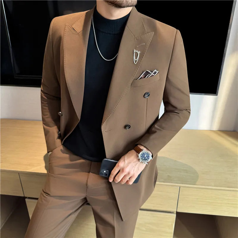 (Jacket + Pants) Fashion Double Breasted Design Slim Men's Suit Italian Style Luxury Wedding Social Party Tuxedo 2 Piece Sets